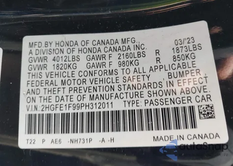 2023 Honda Civic Touring из США, поврежденный, VIN 2HGFE1F99PH312011